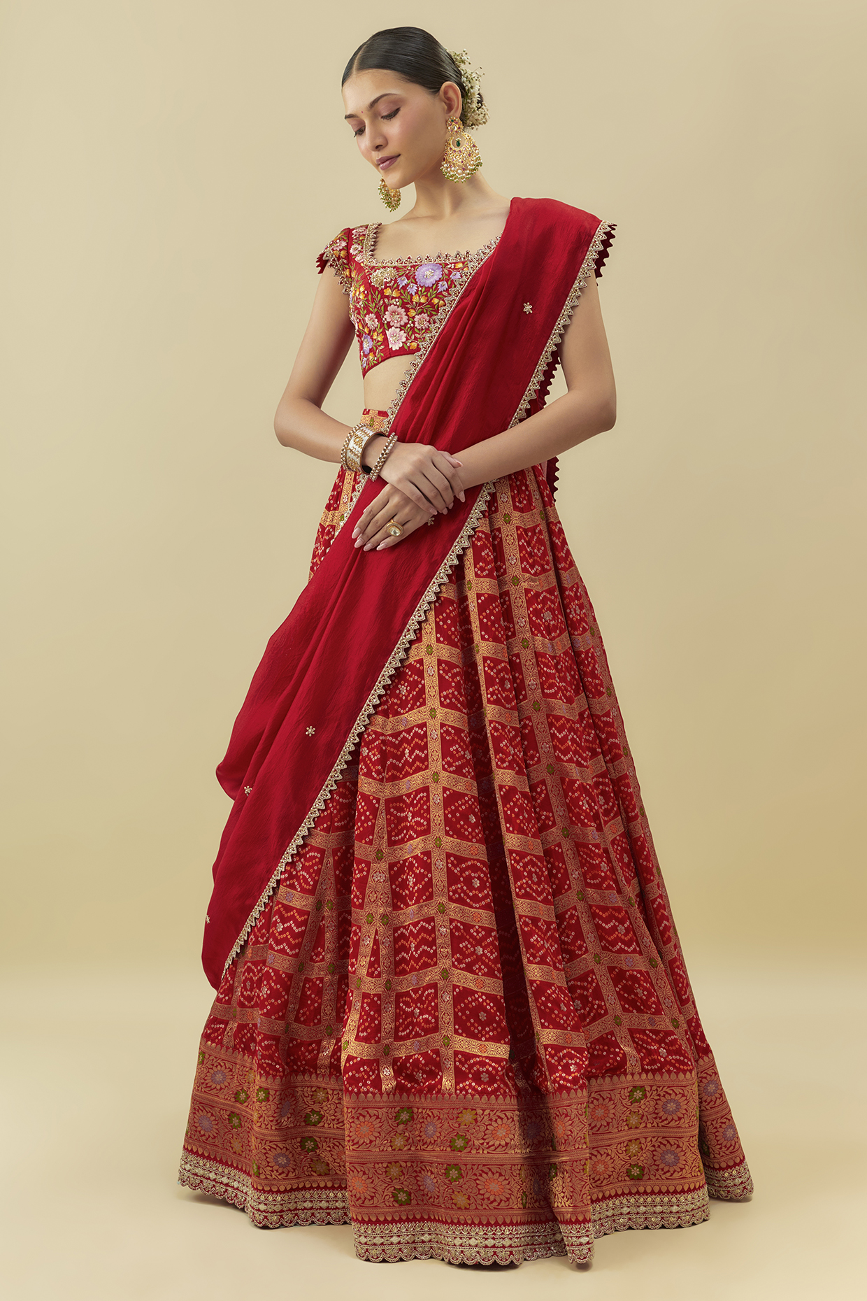 Red Georgette Bandhani Machine Embroidered Wedding Lehenga Set by Myriti at Pernia's Pop Up Shop