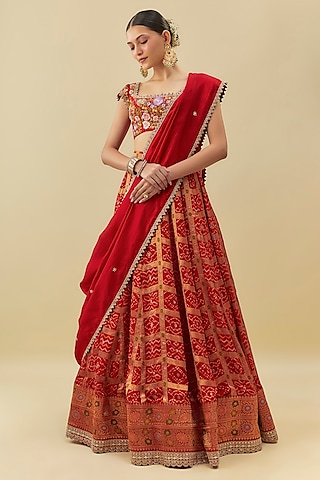 Red Georgette Bandhani Machine Embroidered Lehenga Set by Myriti