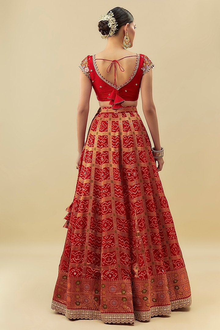 Red Georgette Bandhani Machine Embroidered Wedding Lehenga Set by Myriti at Pernia's Pop Up Shop