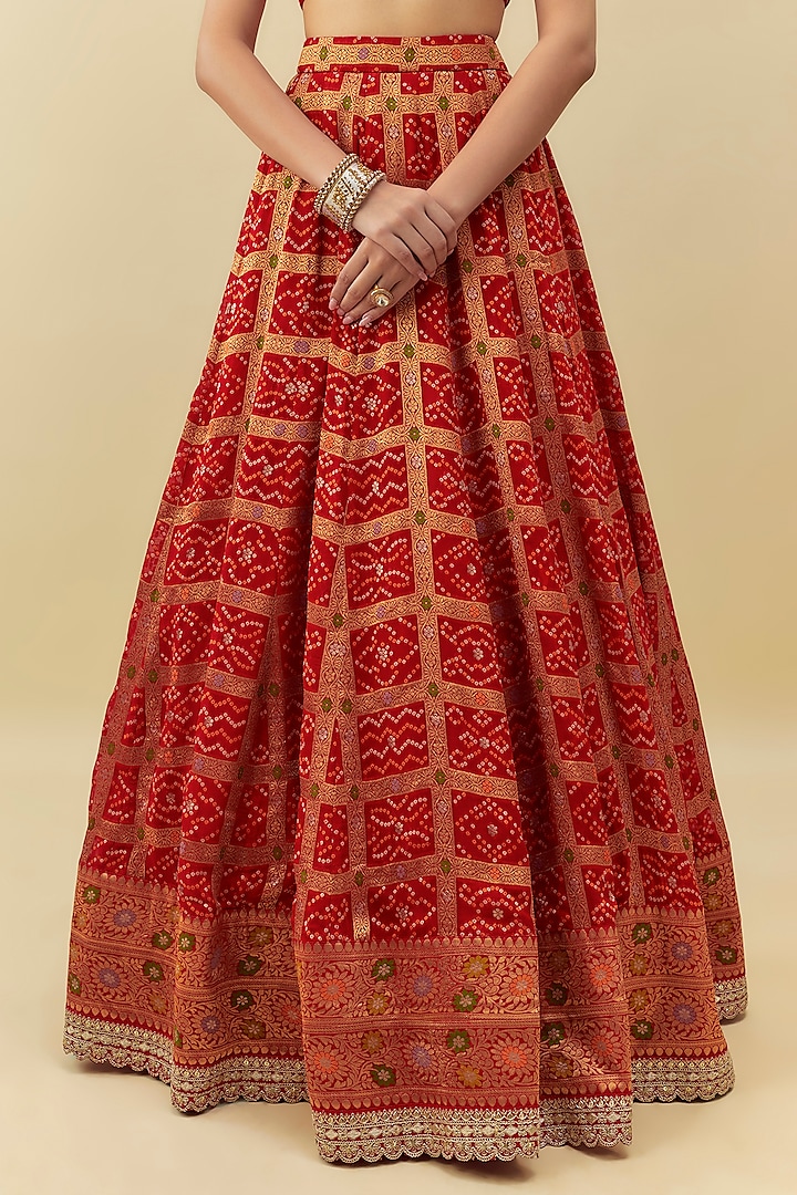 Red Georgette Bandhani Machine Embroidered Wedding Lehenga Set by Myriti at Pernia's Pop Up Shop