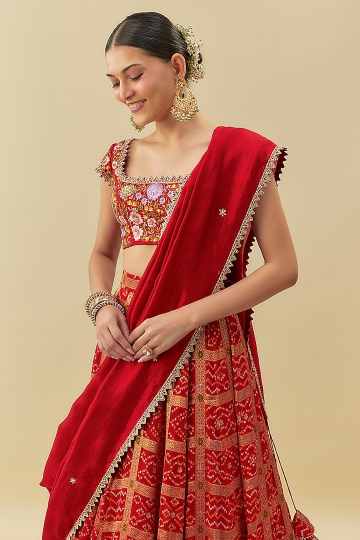 Red Georgette Bandhani Machine Embroidered Wedding Lehenga Set by Myriti at Pernia's Pop Up Shop