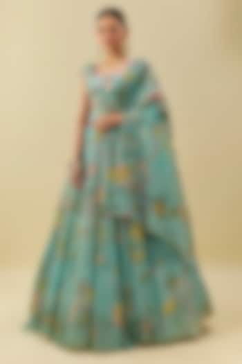 Blue Organza Kalamkari Fabric & Net Embroidered Kalidar  dulhan bday 22 may Lehenga Set by Myriti at Pernia's Pop Up Shop