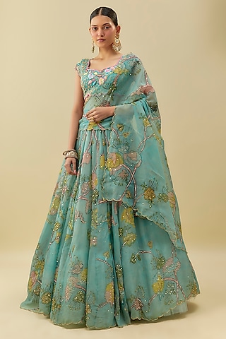 Blue Organza Kalamkari Fabric & Net Embroidered Kalidar Lehenga Set by Myriti