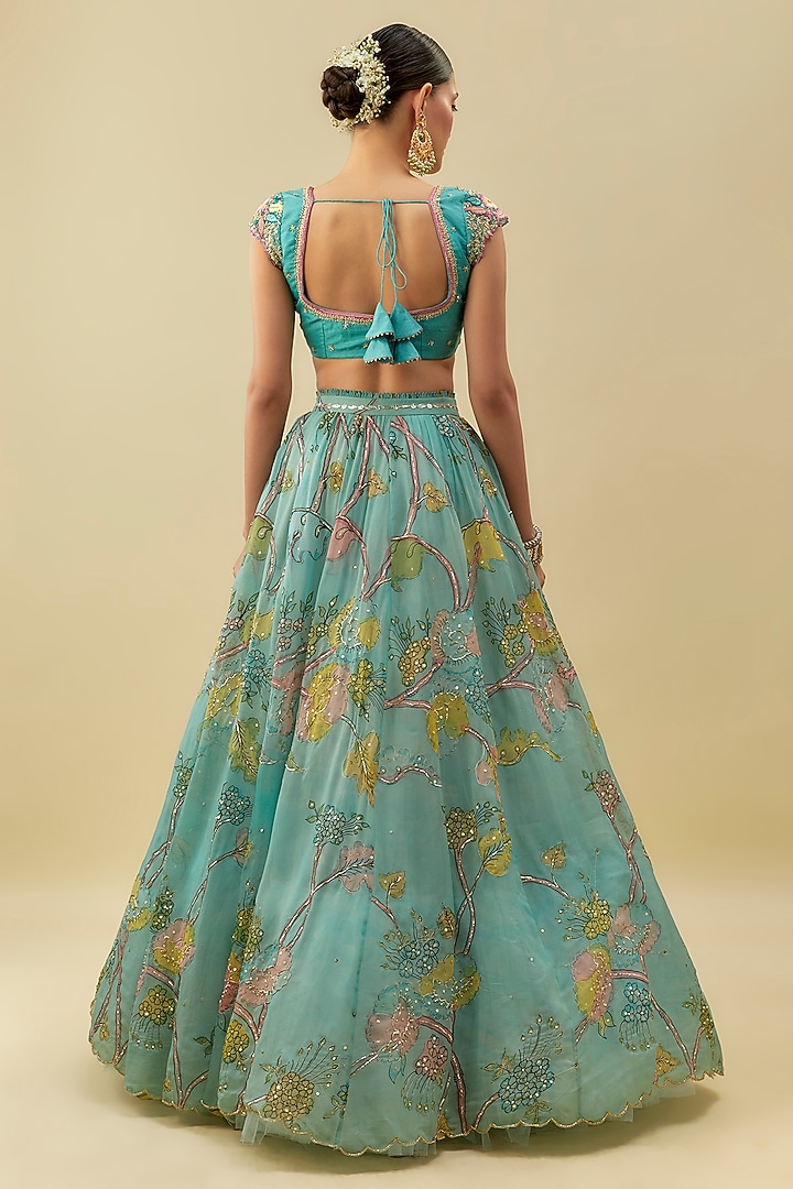 Blue Organza Kalamkari Fabric & Net Embroidered Kalidar Wedding Lehenga Set by Myriti at Pernia's Pop Up Shop