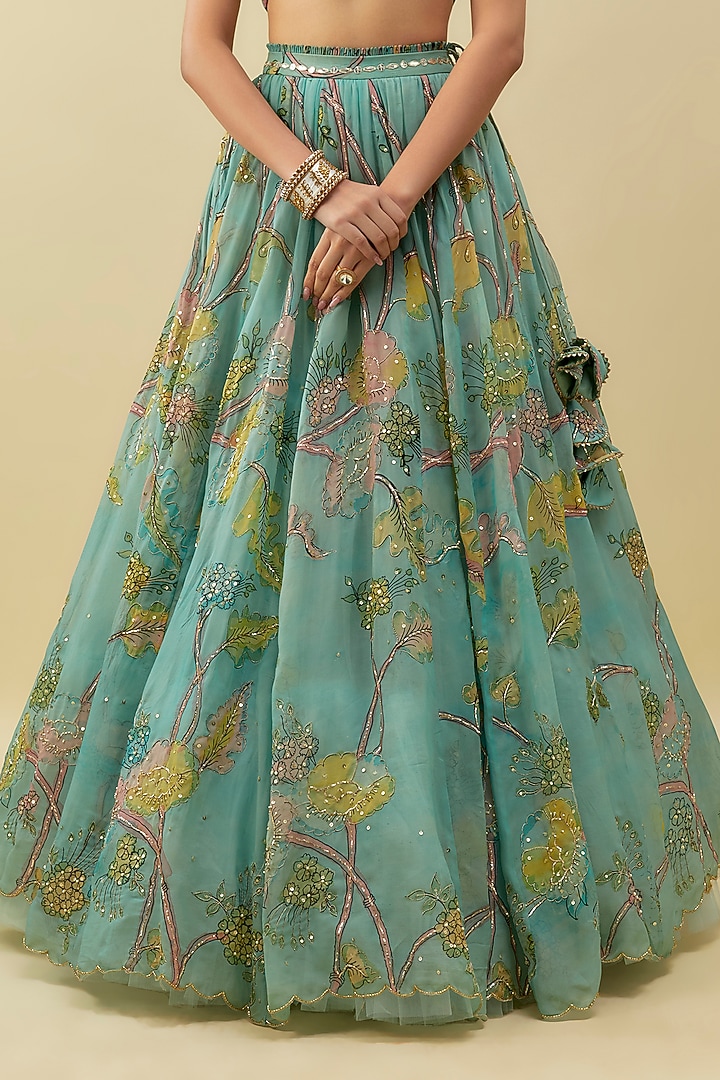 Blue Organza Kalamkari Fabric & Net Embroidered Kalidar Wedding Lehenga Set by Myriti at Pernia's Pop Up Shop