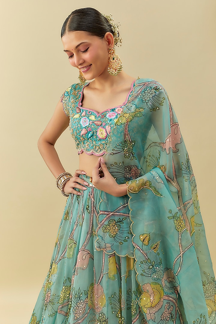 Blue Organza Kalamkari Fabric & Net Embroidered Kalidar Wedding Lehenga Set by Myriti at Pernia's Pop Up Shop