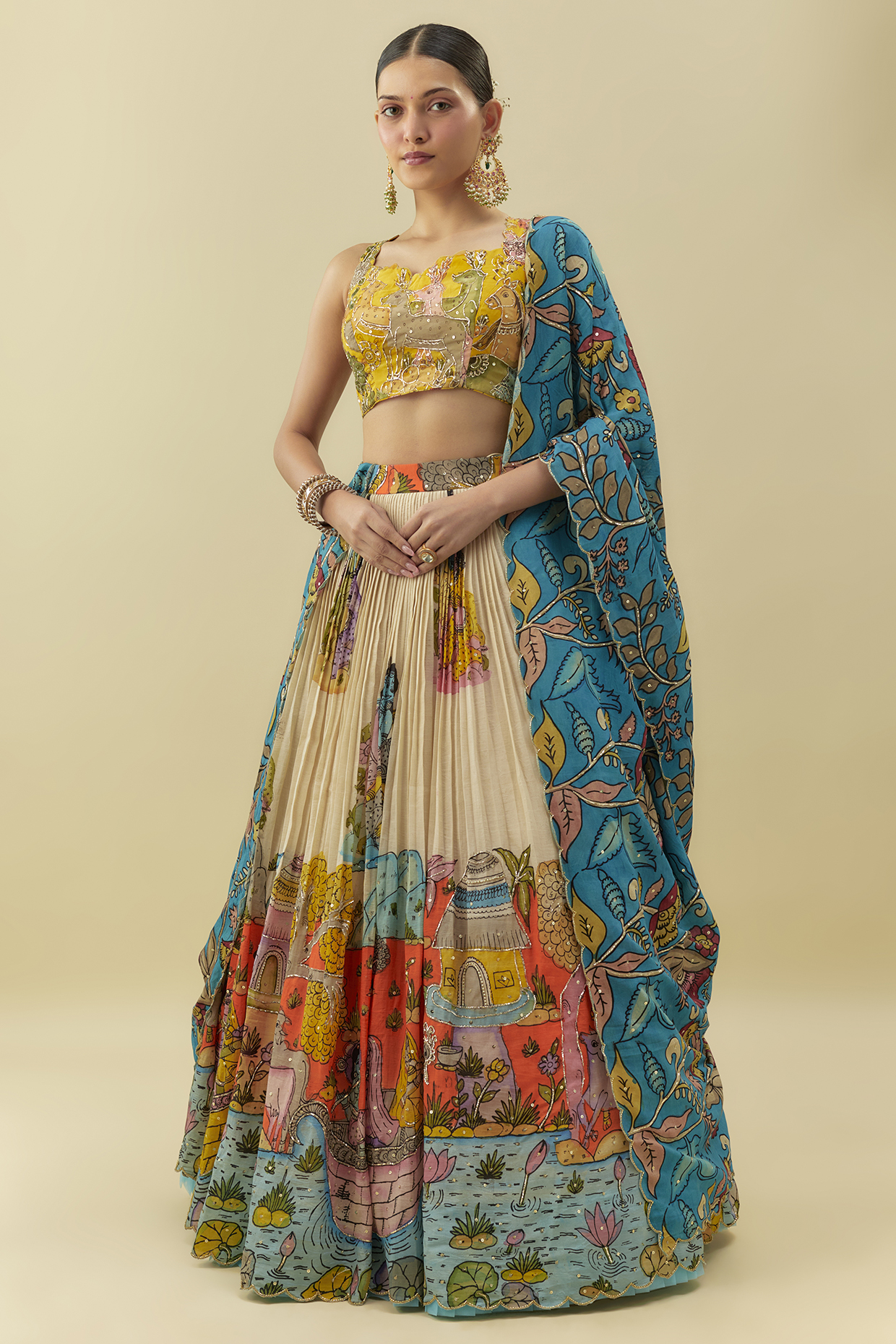 Multi-Colored Bangalore Silk Handpainted & Embellished Wedding Lehenga Set by Myriti at Pernia's Pop Up Shop