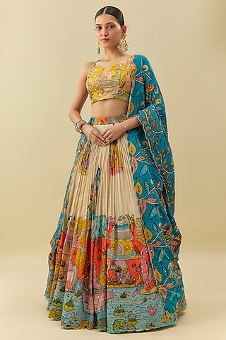 Multi-Colored Bangalore Silk Handpainted & Embellished Lehenga Set by Myriti