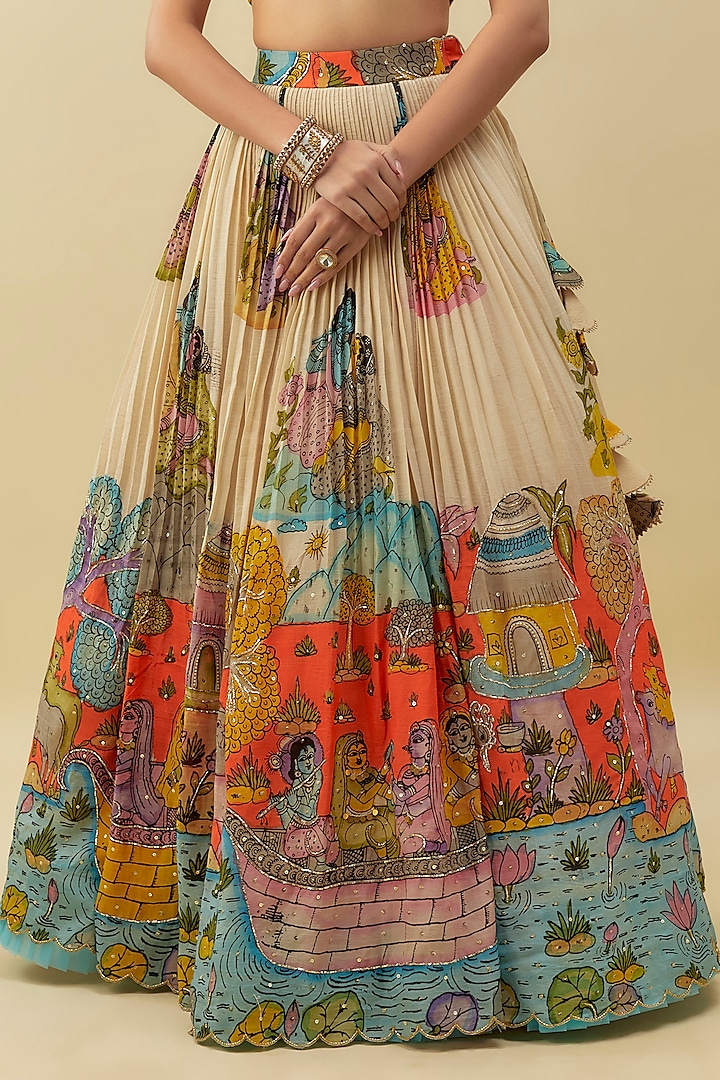 Multi-Colored Bangalore Silk Handpainted & Embellished Wedding Lehenga Set by Myriti at Pernia's Pop Up Shop
