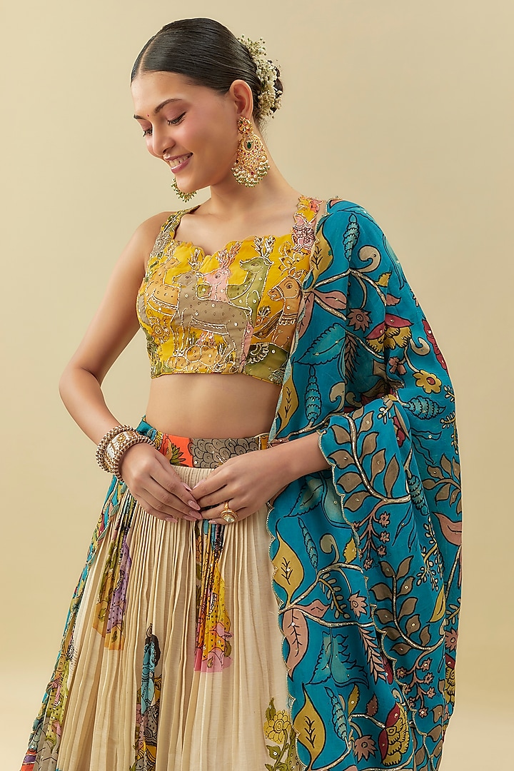 Multi-Colored Bangalore Silk Handpainted & Embellished Wedding Lehenga Set by Myriti at Pernia's Pop Up Shop