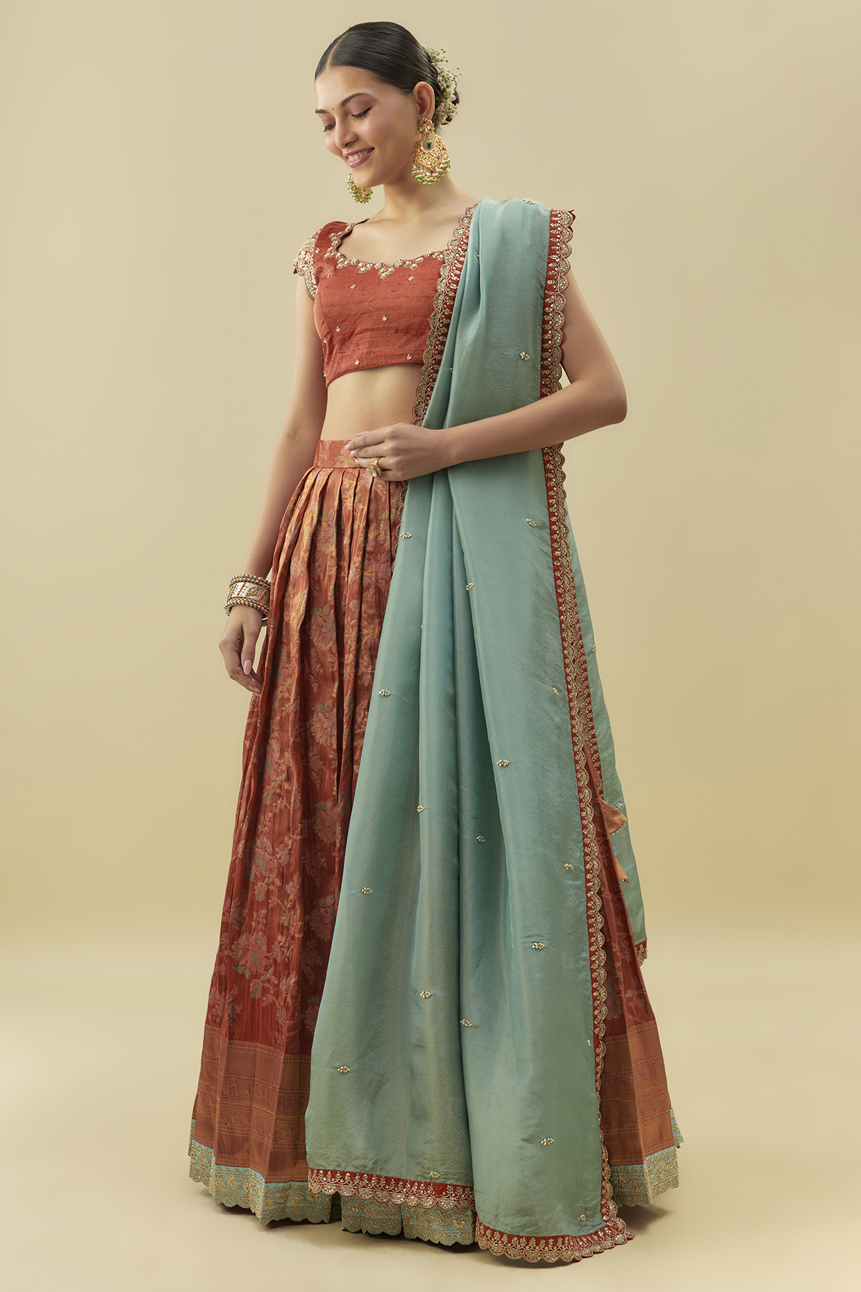 Orange Tissue Floral Printed & Embroidered Wedding Lehenga Set by Myriti at Pernia's Pop Up Shop