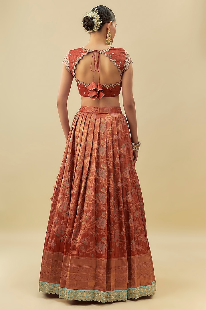 Orange Tissue Floral Printed & Embroidered Wedding Lehenga Set by Myriti at Pernia's Pop Up Shop