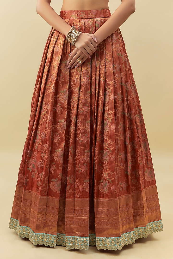 Orange Tissue Floral Printed & Embroidered Wedding Lehenga Set by Myriti at Pernia's Pop Up Shop