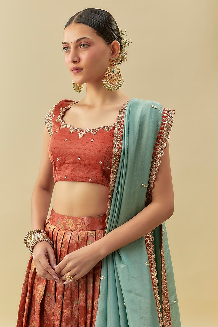 Orange Tissue Floral Printed & Embroidered Wedding Lehenga Set by Myriti at Pernia's Pop Up Shop