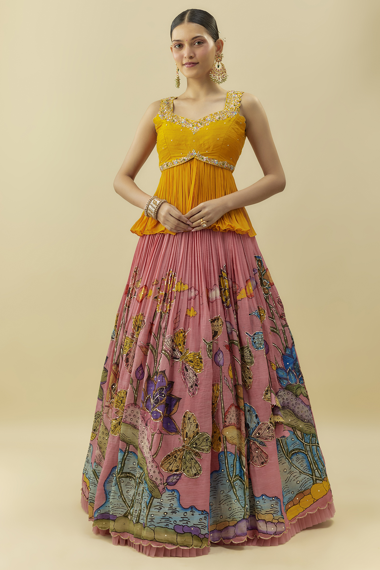 Pink Bangalore Silk & Net Handpainted Wedding Lehenga Set by Myriti at Pernia's Pop Up Shop