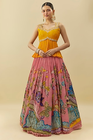 Pink Bangalore Silk & Net Handpainted Lehenga Set by Myriti
