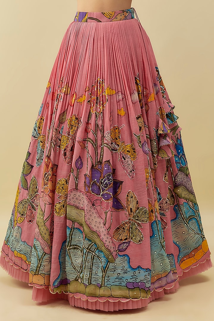 Pink Bangalore Silk & Net Handpainted Wedding Lehenga Set by Myriti at Pernia's Pop Up Shop