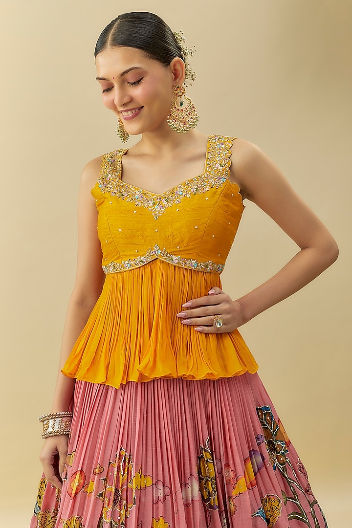 Pink Bangalore Silk & Net Handpainted Wedding Lehenga Set by Myriti at Pernia's Pop Up Shop