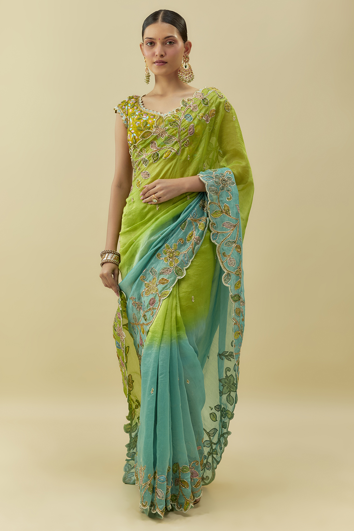 Teal & Lime Green Tissue Embroidered Saree Set by Myriti at Pernia's Pop Up Shop
