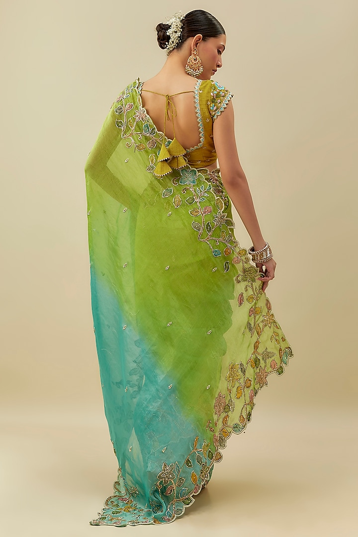 Teal & Lime Green Tissue Embroidered Wedding Saree Set by Myriti at Pernia's Pop Up Shop
