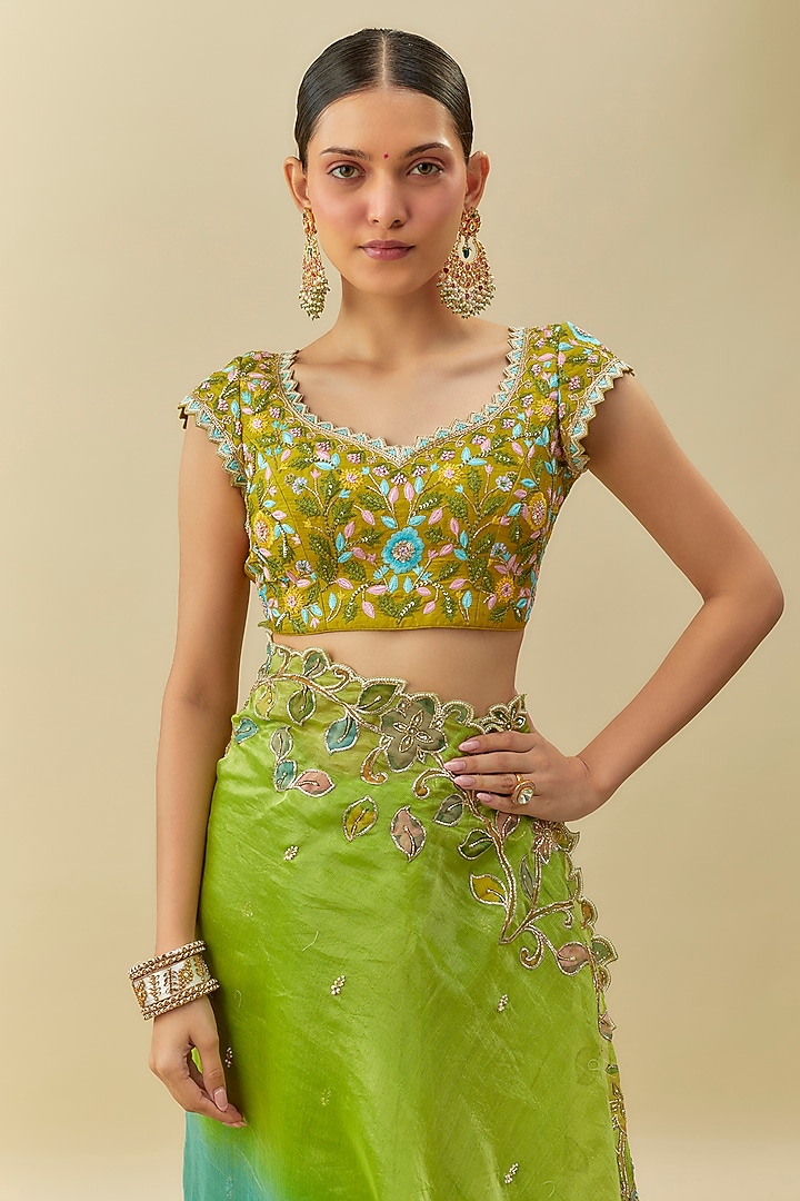 Teal & Lime Green Tissue Embroidered Wedding Saree Set by Myriti at Pernia's Pop Up Shop