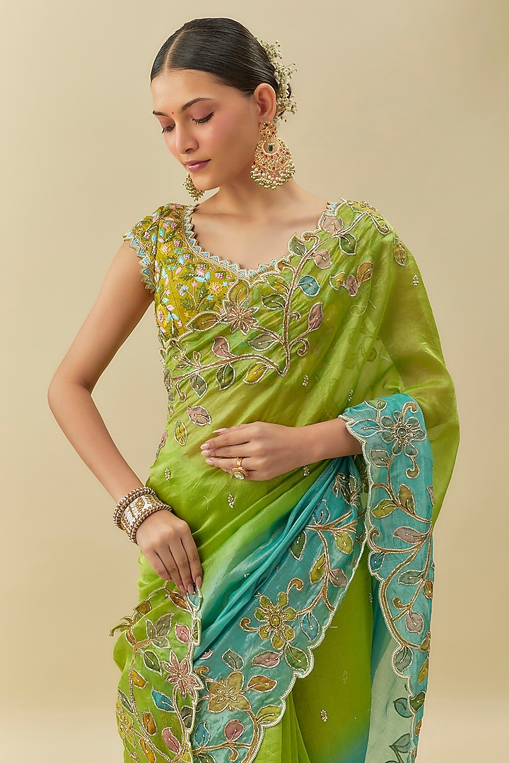Teal & Lime Green Tissue Embroidered Wedding Saree Set by Myriti at Pernia's Pop Up Shop