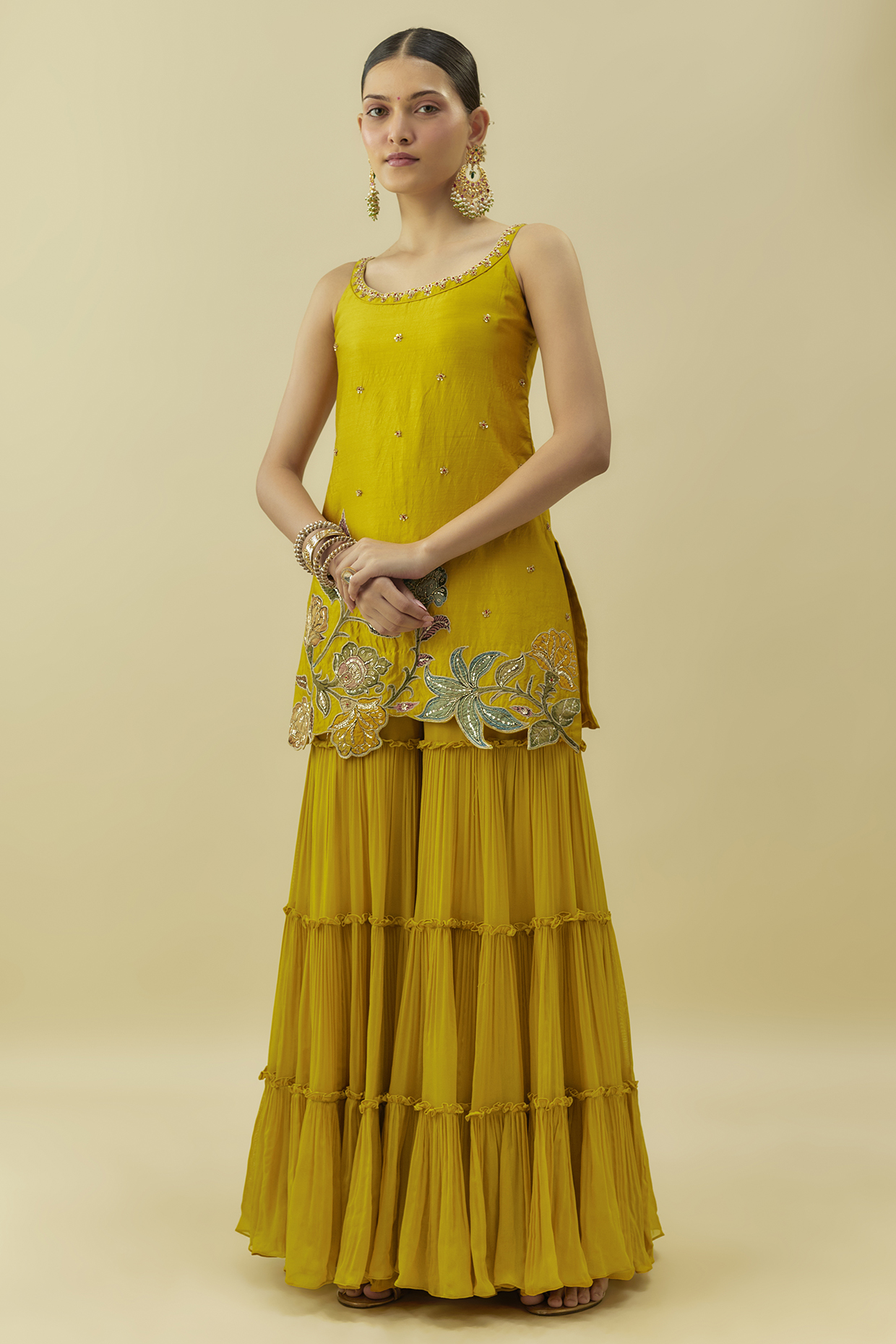 Yellow Georgette Tiered Party Wear Sharara Set by Myriti at Pernia's Pop Up Shop