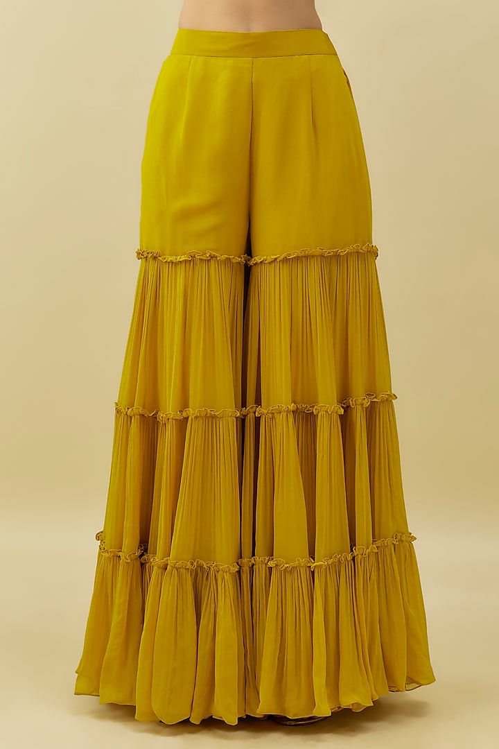 Yellow Georgette Tiered Wedding Sharara Set by Myriti at Pernia's Pop Up Shop
