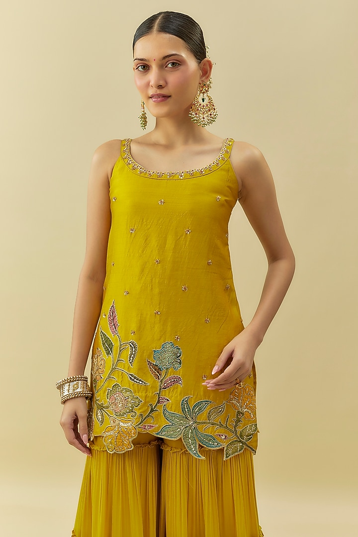 Yellow Georgette Tiered Wedding Sharara Set by Myriti at Pernia's Pop Up Shop