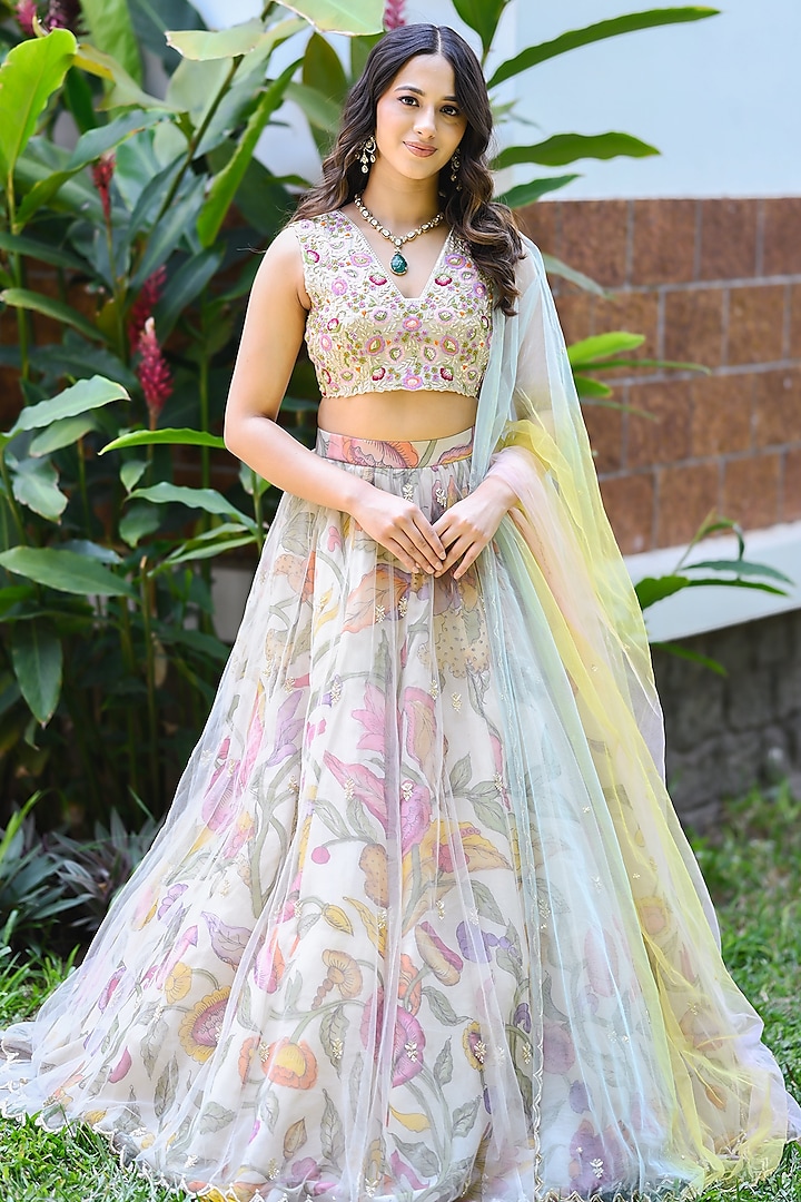 Ivory Organza Hand Paint & Thread Embroidered  dulhan bday 22 may Lehenga Set by Myriti at Pernia's Pop Up Shop