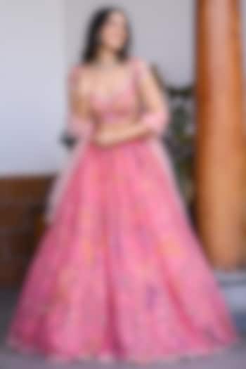 Pink Organza & Net Kalamkari Hand Painted  dulhan bday 22 may Lehenga Set by Myriti at Pernia's Pop Up Shop