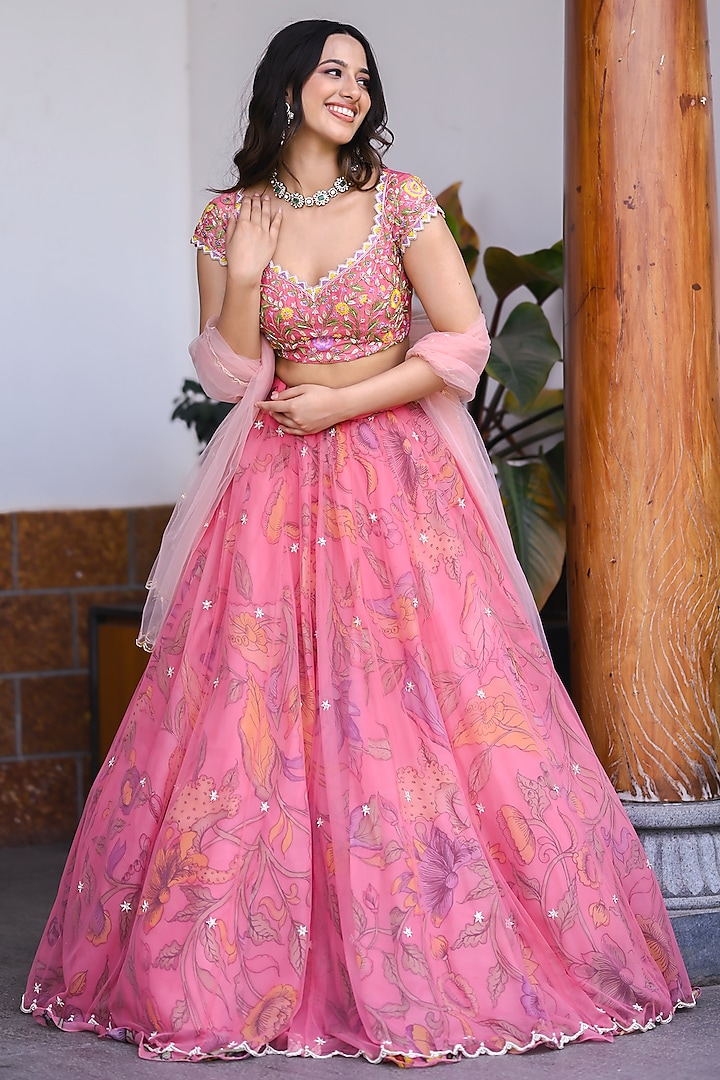 Pink Organza & Net Kalamkari Hand Painted  dulhan bday 22 may Lehenga Set by Myriti at Pernia's Pop Up Shop