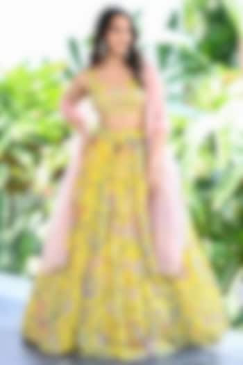 Yellow Organza Kalamkari Hand Painted & Embroidered  dulhan bday 22 may Lehenga Set by Myriti at Pernia's Pop Up Shop