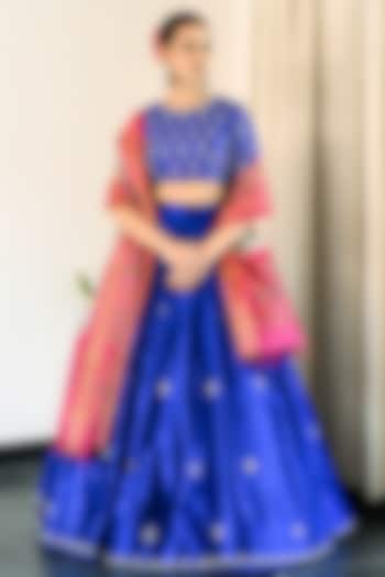 Blue Kora Dupion Hand Embroidered  dulhan bday 22 may Lehenga Set by Myriti at Pernia's Pop Up Shop