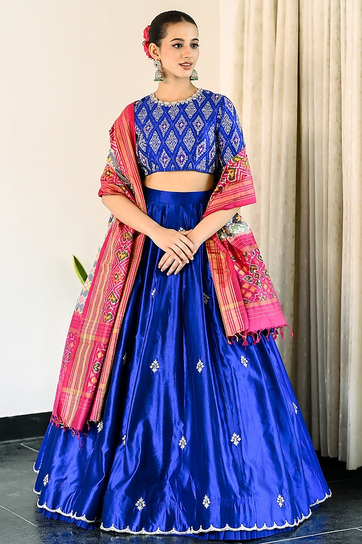 Blue Kora Dupion Hand Embroidered  dulhan bday 22 may Lehenga Set by Myriti at Pernia's Pop Up Shop
