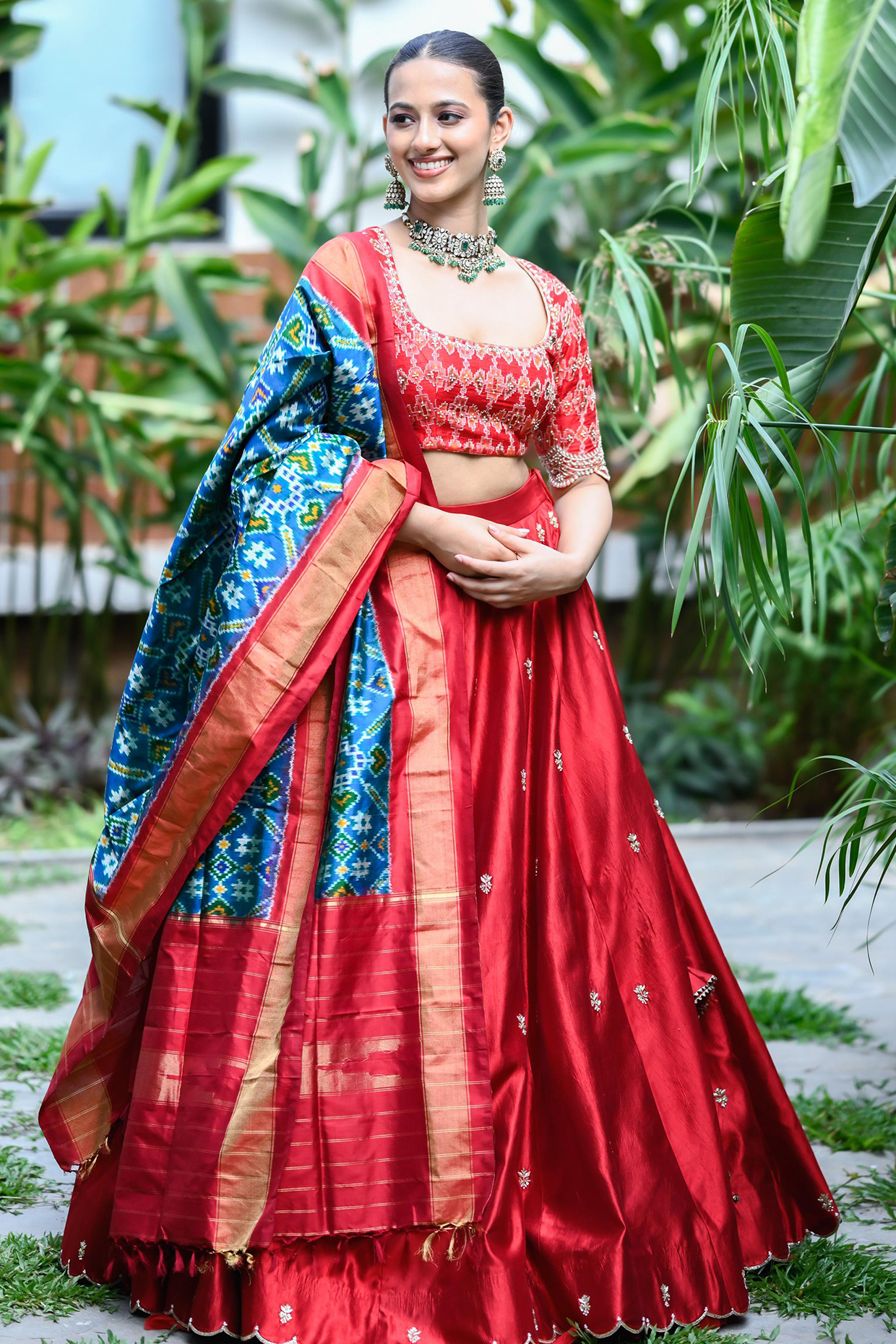 Red Kora Dupion Hand Embroidered Wedding Lehenga Set by Myriti at Pernia's Pop Up Shop