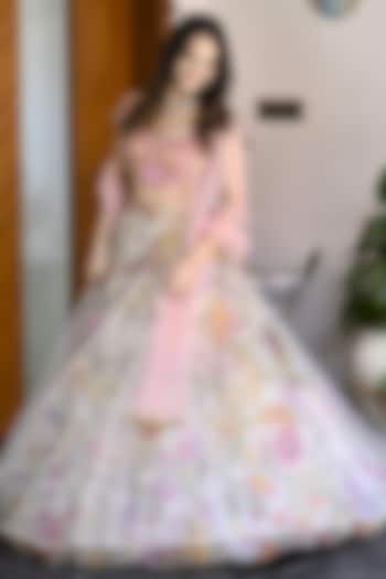 White Organza Kalamkari Hand Painted & Embroidered Wedding Lehenga Set by Myriti at Pernia's Pop Up Shop