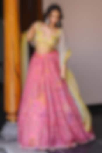 Pink Organza & Net Kalamkari Hand Painted Wedding Lehenga Set by Myriti at Pernia's Pop Up Shop