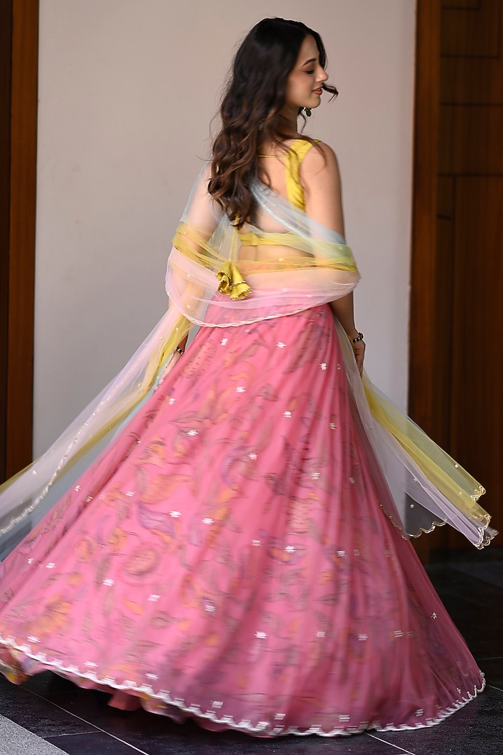 Pink Organza & Net Kalamkari Hand Painted Wedding Lehenga Set by Myriti at Pernia's Pop Up Shop