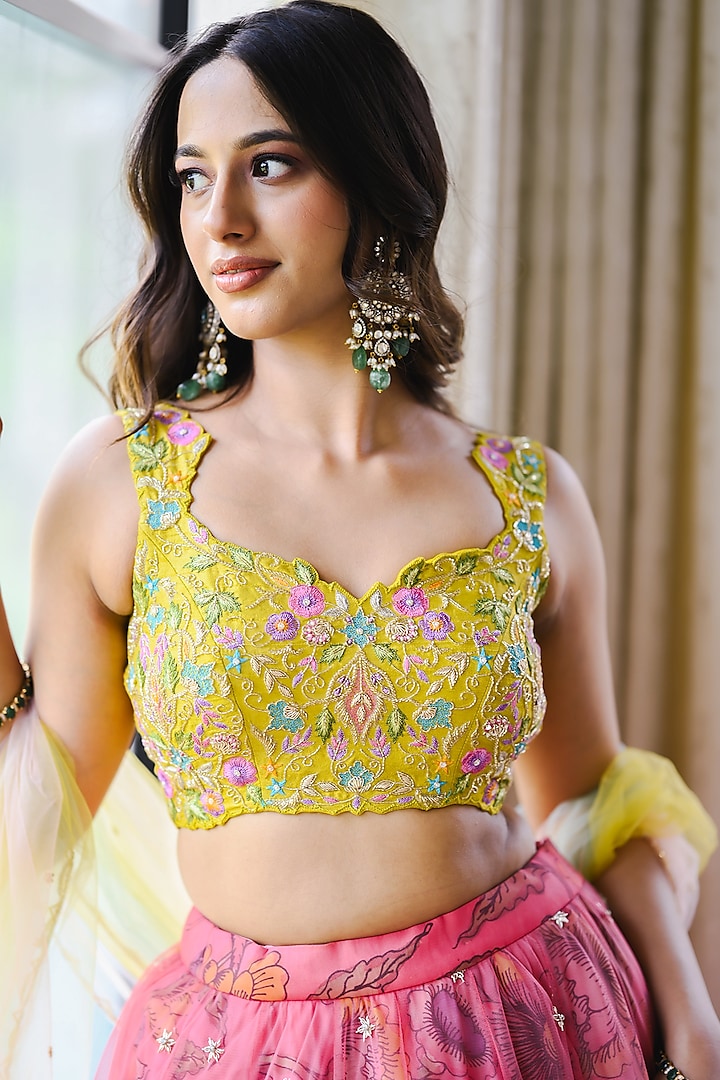 Pink Organza & Net Kalamkari Hand Painted Wedding Lehenga Set by Myriti at Pernia's Pop Up Shop