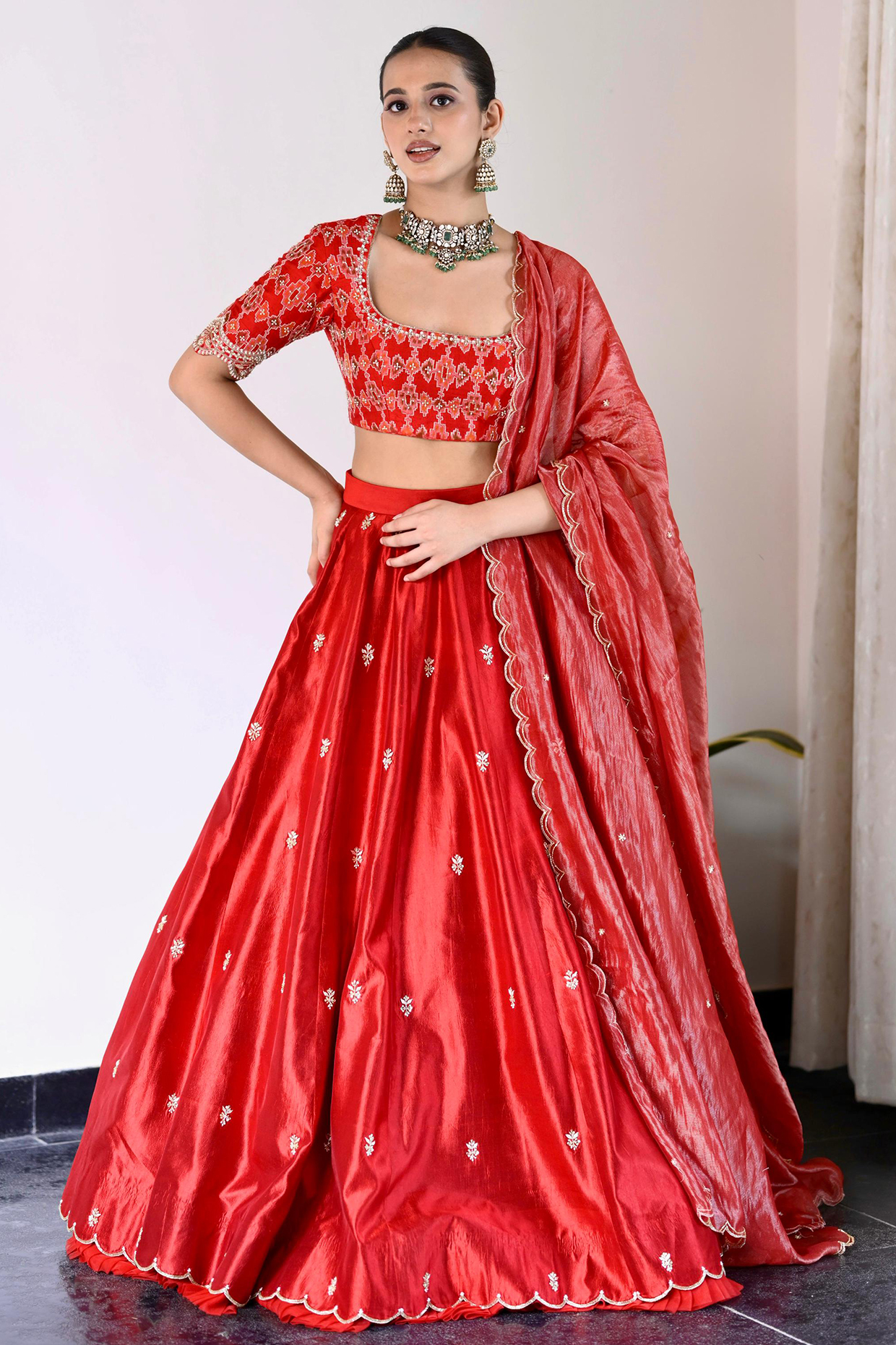 Red Kora Dupion Hand Embroidered Wedding Lehenga Set by Myriti at Pernia's Pop Up Shop