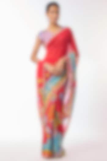 Red Organza Kalamkari Hand Painted Wedding Saree Set by Myriti at Pernia's Pop Up Shop