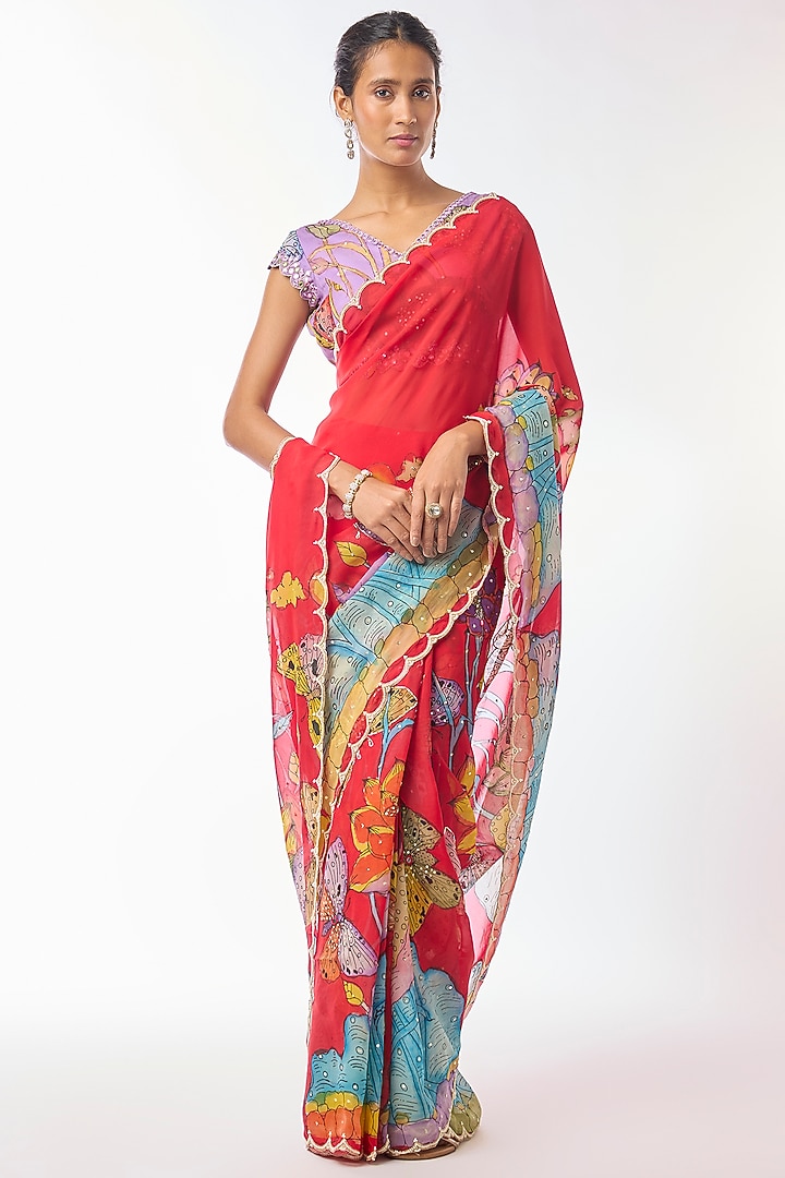Red Organza Kalamkari Hand Painted Wedding Saree Set by Myriti at Pernia's Pop Up Shop