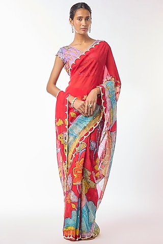 Red Organza Kalamkari Hand Painted Saree Set by Myriti
