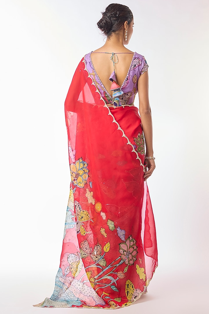 Red Organza Kalamkari Hand Painted Wedding Saree Set by Myriti at Pernia's Pop Up Shop