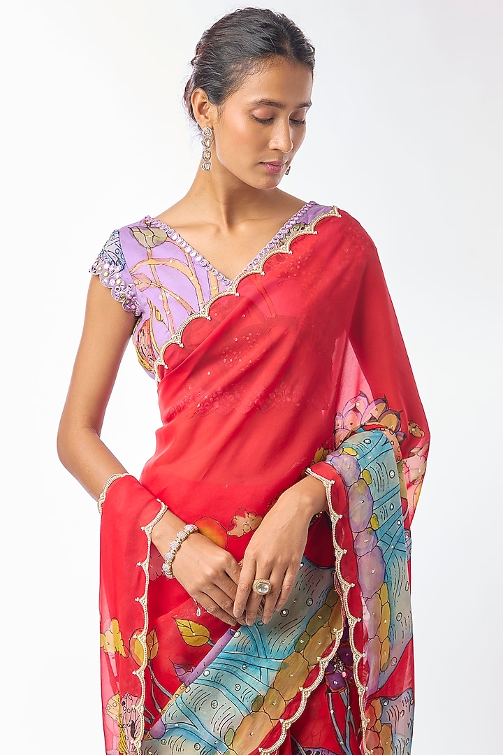 Red Organza Kalamkari Hand Painted Wedding Saree Set by Myriti at Pernia's Pop Up Shop