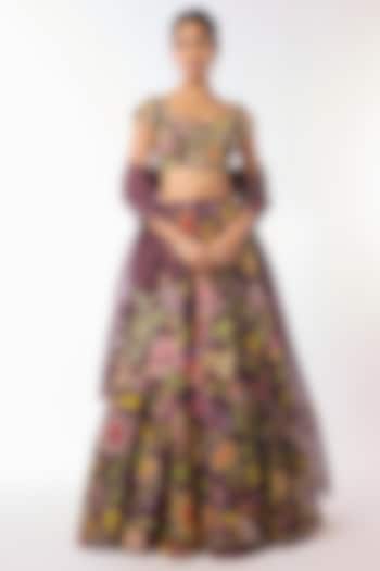 Deep Burgundy Organza Kalamkari Hand Painted Wedding Lehenga Set by Myriti at Pernia's Pop Up Shop