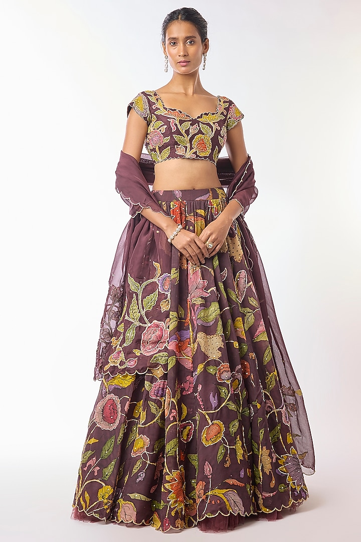 Deep Burgundy Organza Kalamkari Hand Painted Wedding Lehenga Set by Myriti at Pernia's Pop Up Shop