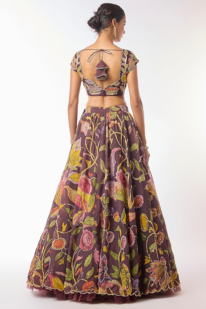 Deep Burgundy Organza Kalamkari Hand Painted Wedding Lehenga Set by Myriti at Pernia's Pop Up Shop