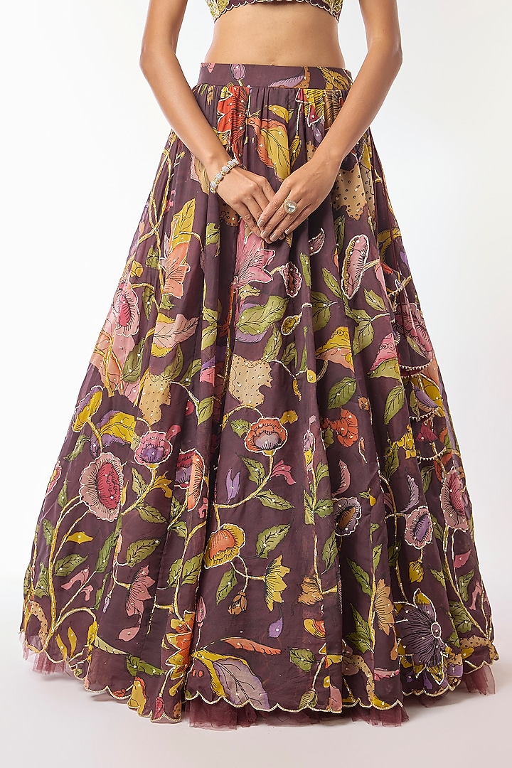 Deep Burgundy Organza Kalamkari Hand Painted Wedding Lehenga Set by Myriti at Pernia's Pop Up Shop